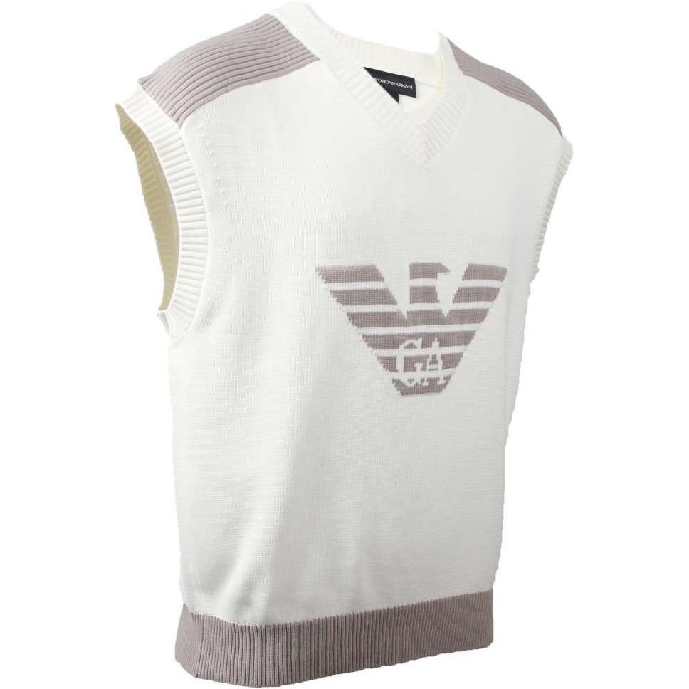 Shop エンポリオアルマーニ SS24 ロゴ ニット Vネック カジュアル ベスト メンズ オフホワイト 3D1MXU-1MQDZ-0128