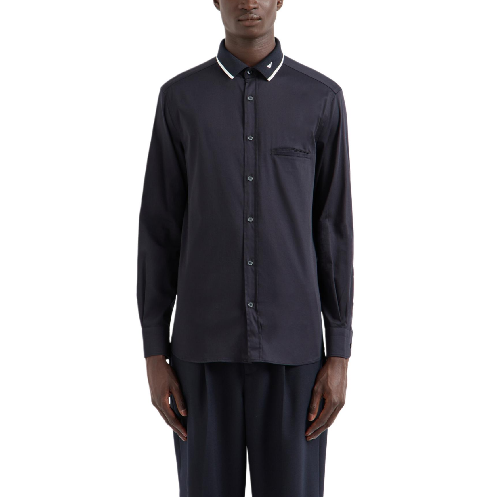 Shop EMPORIO ARMANI SS24 Navy Blue Stripe Embroidered Eagle Long-Sleeve Shirt Men 6D1CM1-1K6DZ-0920