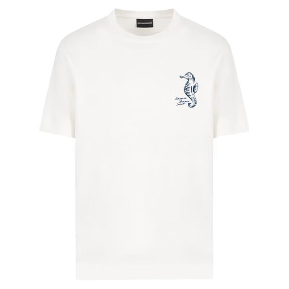 Order エンポリオ アルマーニ SS25 ホワイト 刺繍シーホース クルーネック Tシャツ EM001031-AF12926-U0003