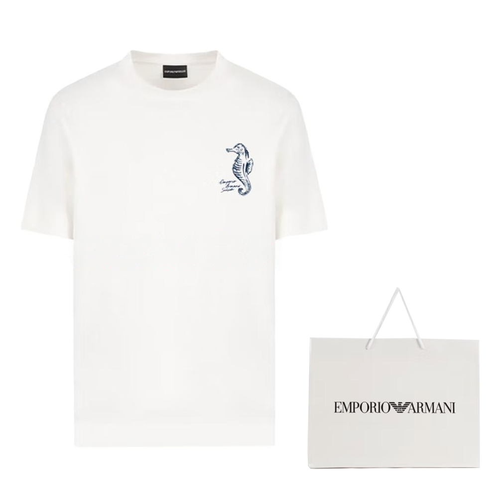 Details for エンポリオ アルマーニ SS25 ホワイト 刺繍シーホース クルーネック Tシャツ EM001031-AF12926-U0003