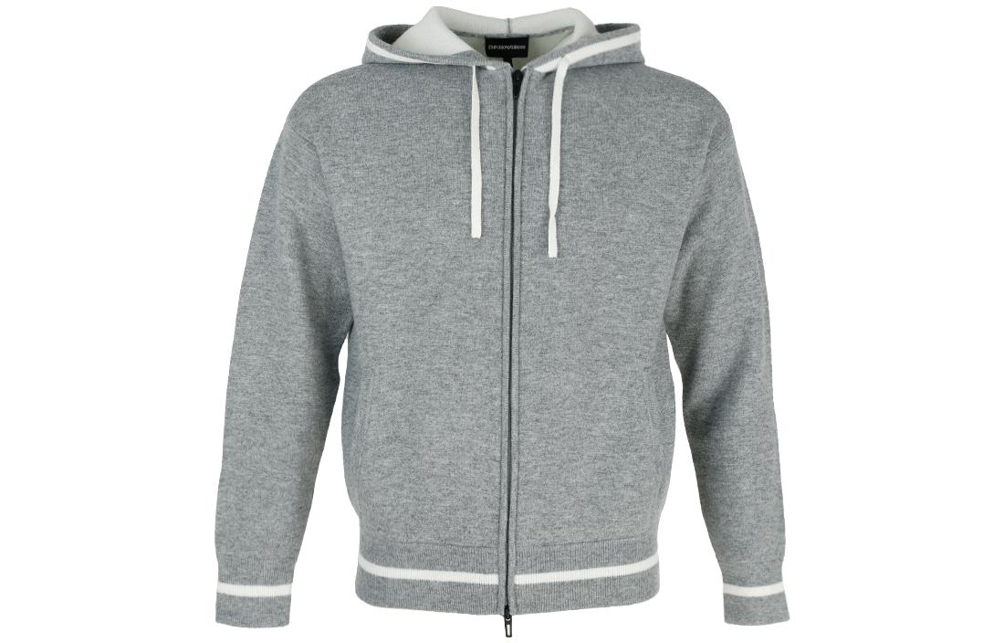 Emporio Armani Striped Trim Drawstring Zip Hoodie Grey 6L1MXD-1MJRZ-0630