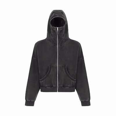 Entire Studios FW23 Unisex Washed Black Hoodie with Front Metal Zipper ES2106WB