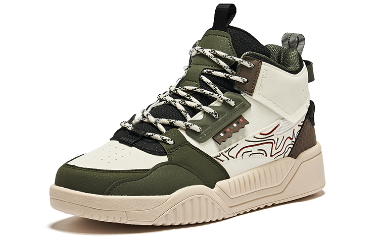 Lookbook 鴻星爾克 合成革織物 百搭舒適 包覆性耐磨防滑 中幫 板鞋 男款 暗綠未漂原色