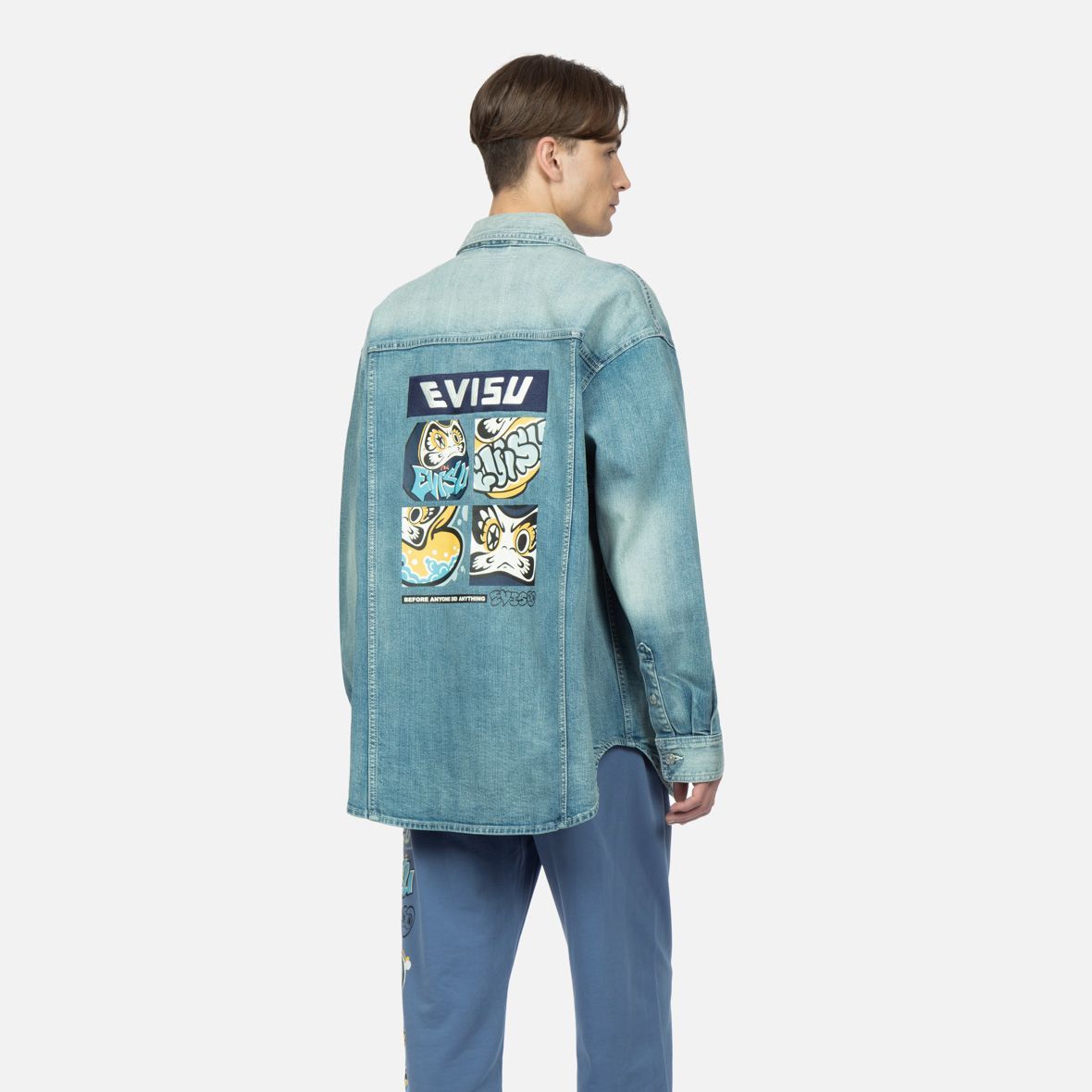 EVISU 2023 Spring Summer Denim Jacket with Graffiti Print Daruma Logo - Blue 2ESHTM3SJ717XXDN 圖 6