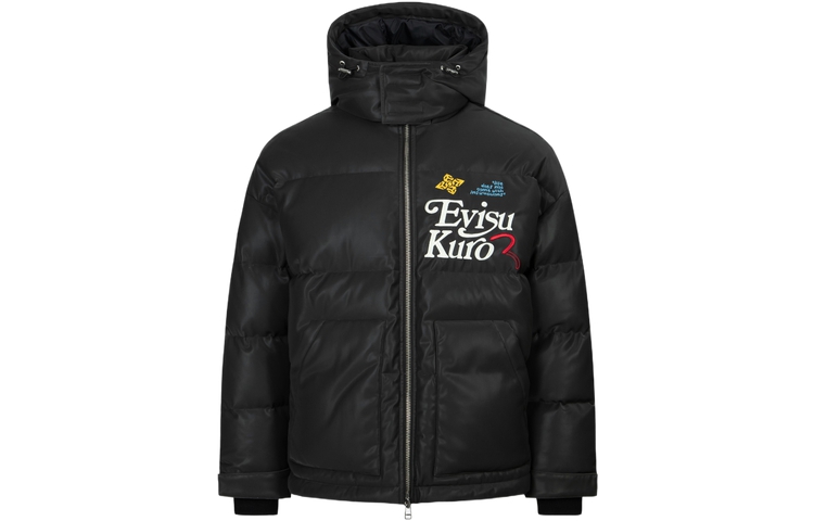 EVISU 2023AW  Black Down Jacket with Letter & Seagull Embroidery Hoodie 2EAGNM3NJ5202OSPU