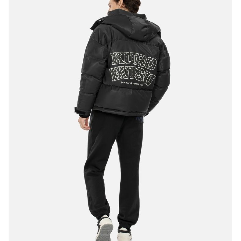 Cheap EVISU 2023AW 黑色鴨絨連帽外套，字母與海鷗刺繡設計 2EAGNM3NJ5202OSPU