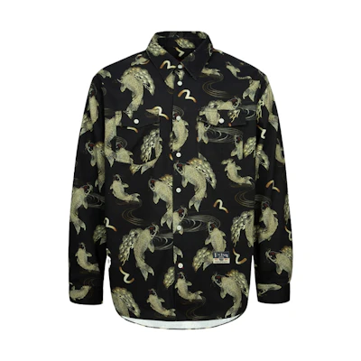 EVISU 2024 Fall/Winter Oversized Shirt Black with Koi Fish & Seagull Print. 2EAHTM4SL7039OSCT
