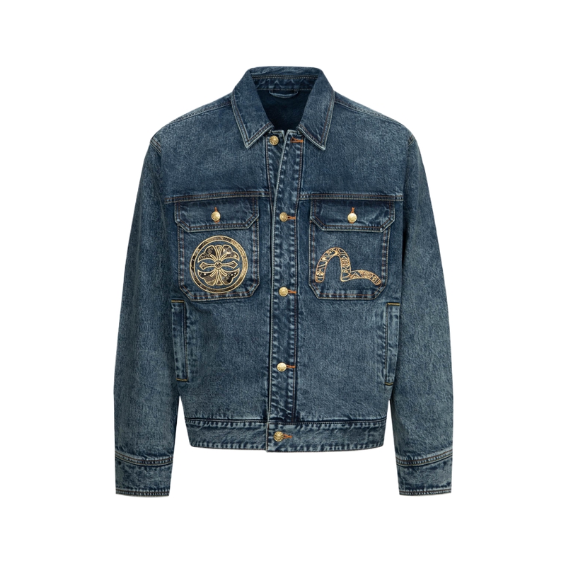 EVISU 2024 FW Seagull & Kamon Patchwork Relaxed Denim Jacket for Men 2EAHTM4DJ7094RXDP