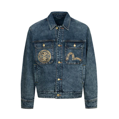 EVISU 2024 FW Seagull & Kamon Patchwork Relaxed Denim Jacket for Men 2EAHTM4DJ7094RXDP
