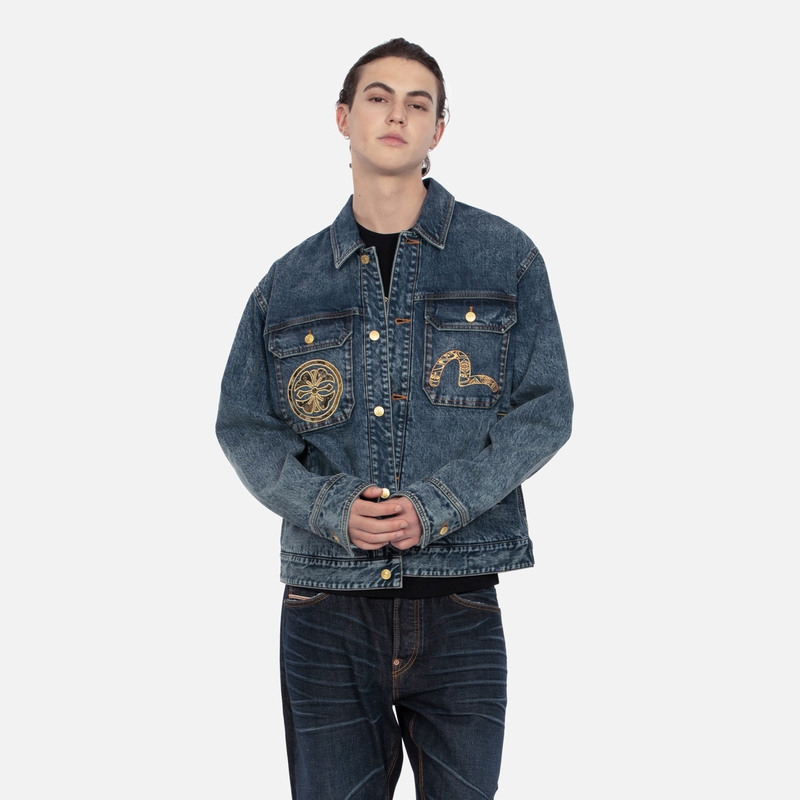 Shop EVISU 2024 秋冬海鷗與家紋拼接男士寬鬆牛仔外套 2EAHTM4DJ7094RXDP
