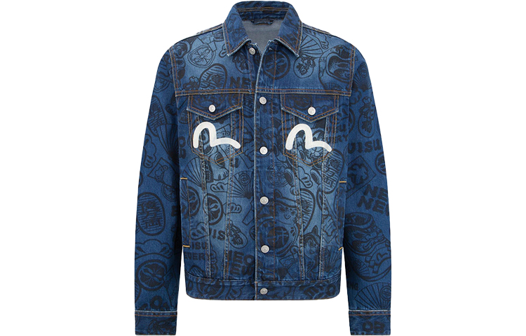 Order EVISU Jaket Denim Cetakan Penuh dalam Warna Indigo Biru. 2EAHTM2DJ710XXCT