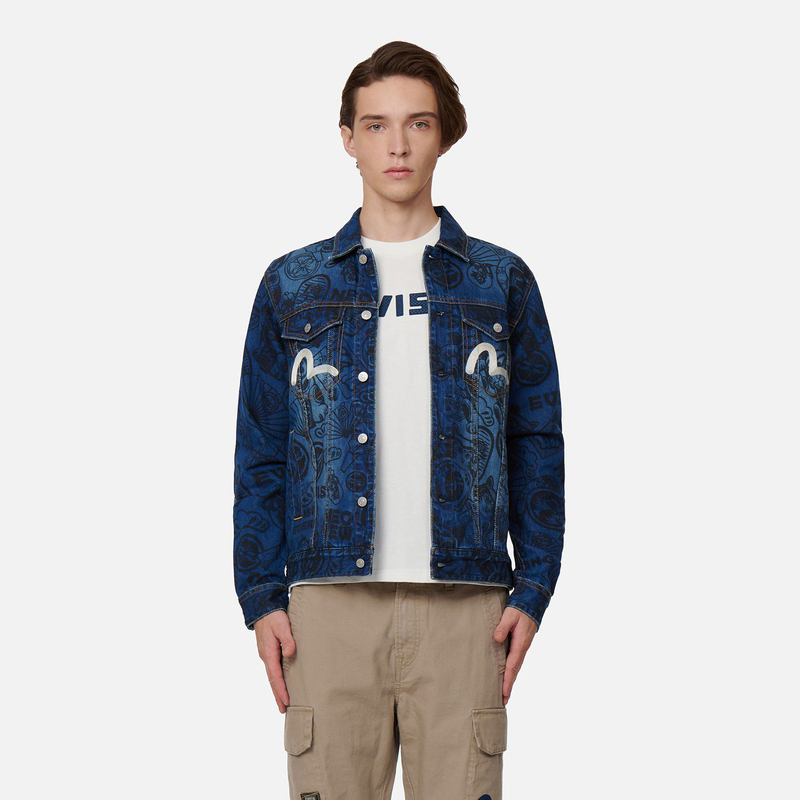 Shop EVISU Jaket Denim Cetakan Penuh dalam Warna Indigo Biru. 2EAHTM2DJ710XXCT