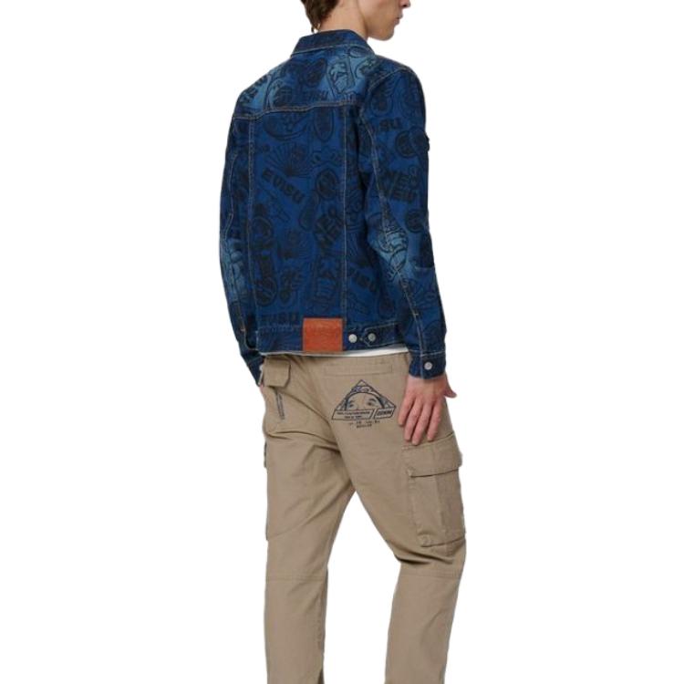 Sizing EVISU Jaket Denim Cetakan Penuh dalam Warna Indigo Biru. 2EAHTM2DJ710XXCT