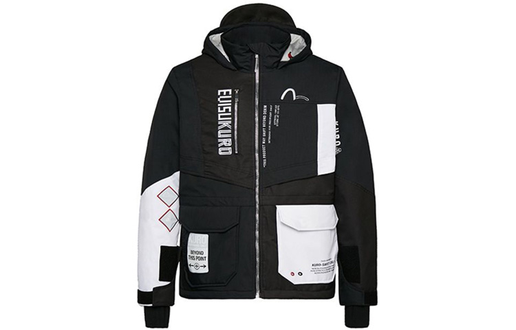 EVISU  Biohazard Logo Print Colorblock Padded Jacket in Black. 1EAGNM9JK745XX