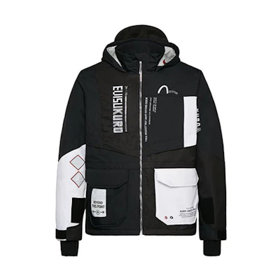 EVISU Biohazard Logo Print Colorblock Padded Jacket in Black. 1EAGNM9JK745XX