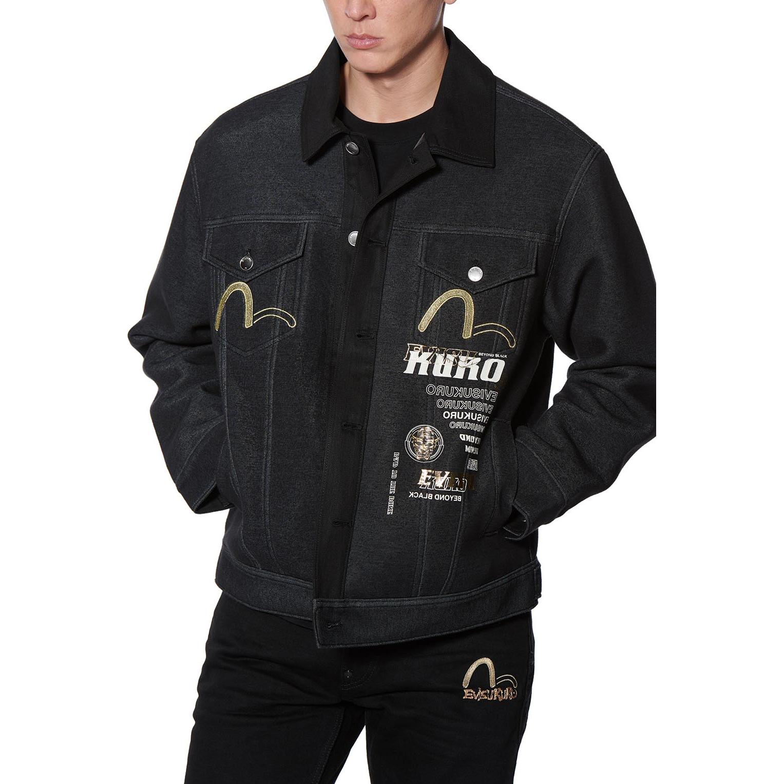 Shop EVISU 黑色丹寧外套 鬼頭般若印花設計 2EAGNM0JK757FF