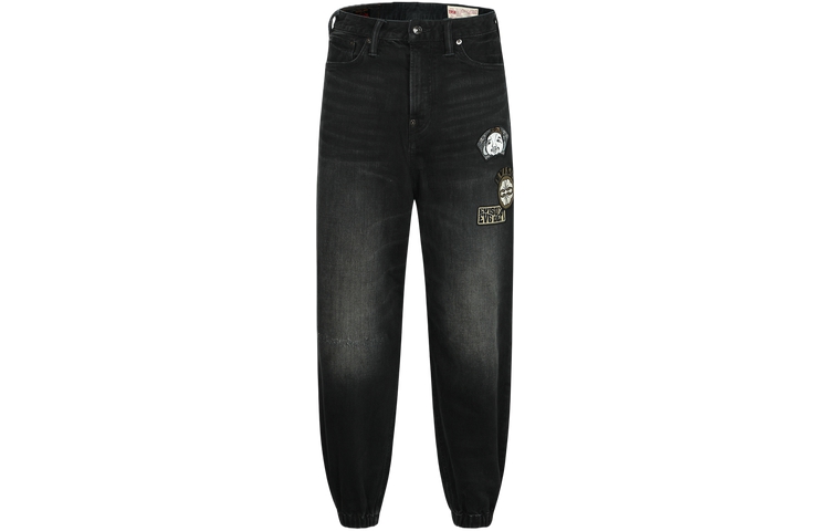 EVISU  Black Denim Jeans with Multi-Embroidery Patches & Seagull Print 2ESHTM4JO8030LFDP