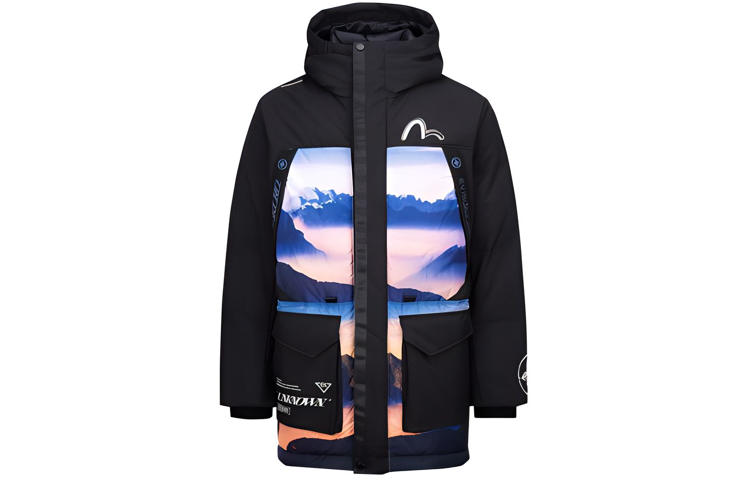 EVISU  Black Down Jacket with Lettering Hood. 2EAGNM1NC730XXPL