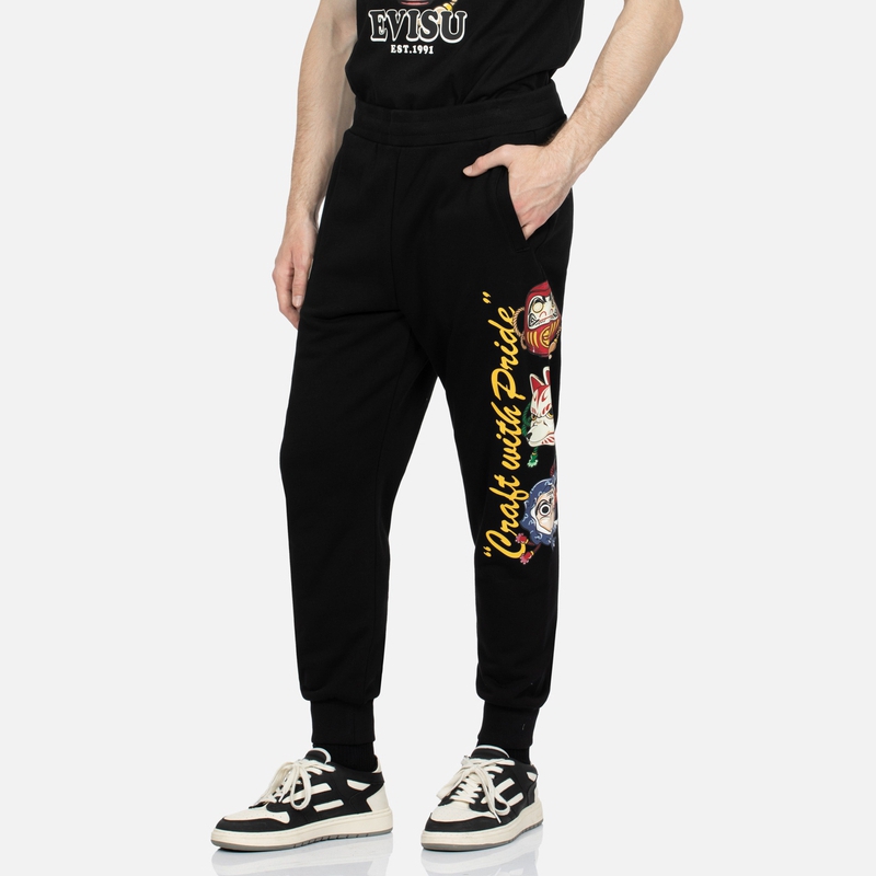 Shop EVISU 黑色日向火男祭典印花修身休閒褲 2EAHTM3SP1085XXCT