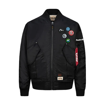 EVISU Black Padded MA-1 Bomber Jacket with Logo Patch & Seagull Embroidery 2EAHTM3JK8001LFNQ