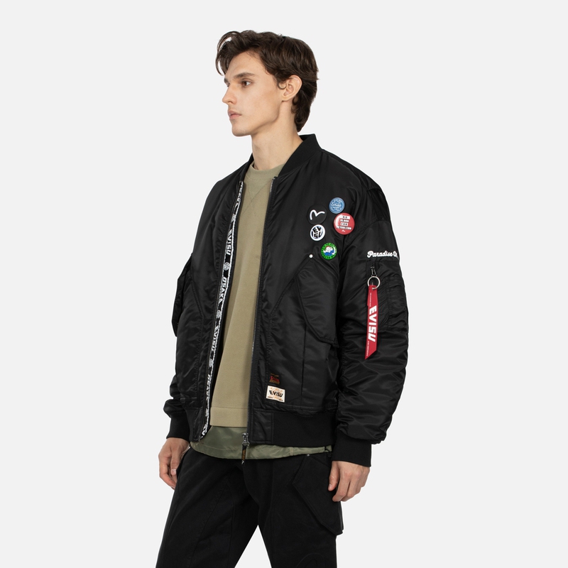 Shop 에비수 블랙 패딩 MA-1 봄버 자켓 로고 패치 & 갈매기 자수 2EAHTM3JK8001LFNQ