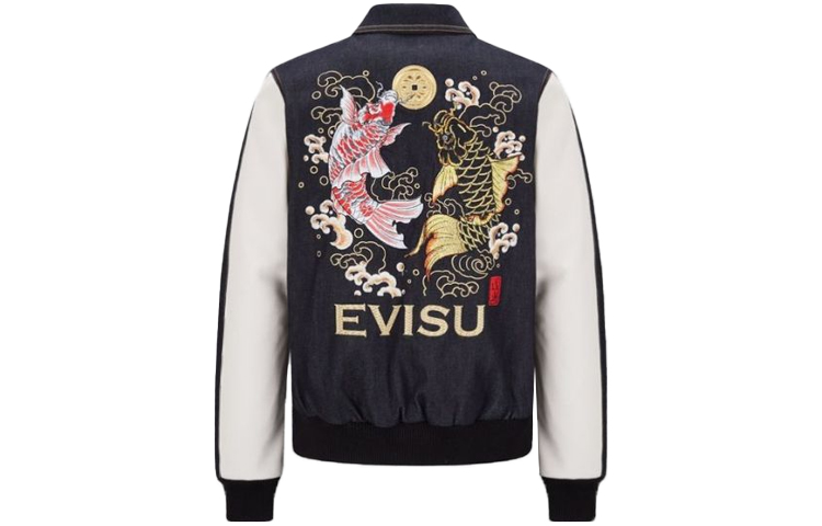 EVISU  Black Seagull Dual Color Koi Embroidered Denim Jacket Casual Style 2EAADM1DJ716XXDQ