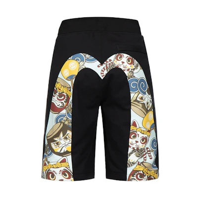 EVISU Black Shorts with Large Drum Daruma Print 2ESHTM3ST318XXCT