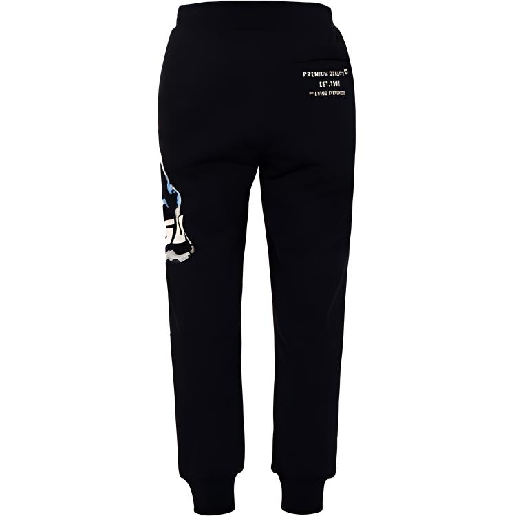 Lookbook EVISU 黑色中腰側條紋佛頭印花運動長褲。 2EAHTM2SP351XXCT