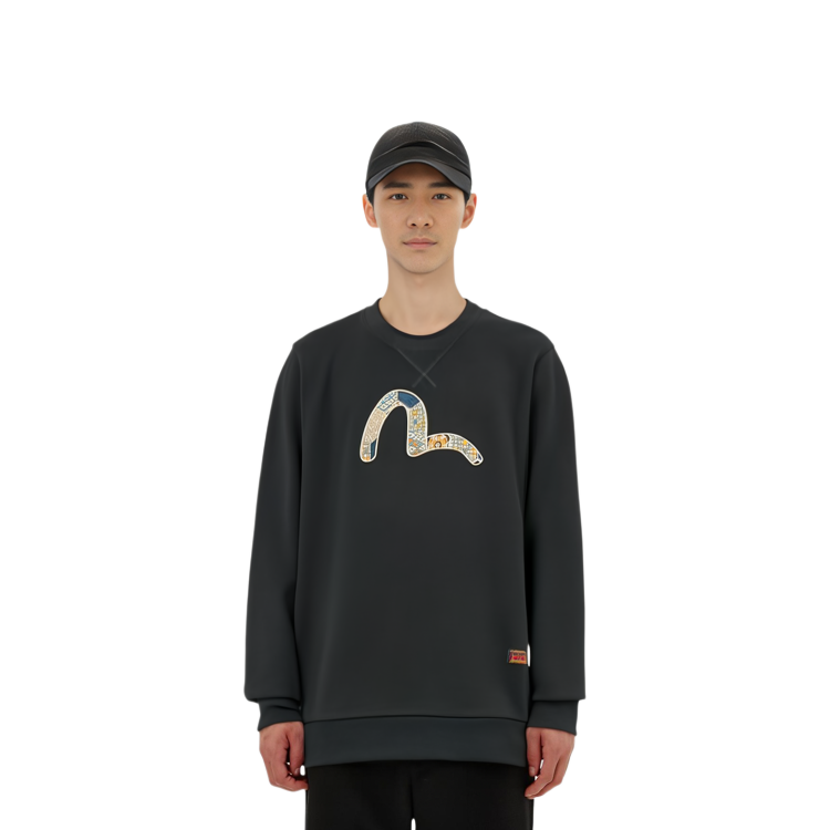 Shop EVISU 黑色日式錦緞海鷗刺繡長袖衛衣 2EAHTM0SW321XX