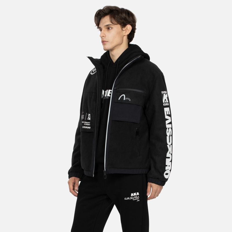Shop EVISU  Black Zip-Up Jacket with Multi-Pattern Plush Regular Fit 2EAGNM3JK5012XXPQ