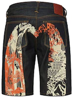 EVISU Blue Denim Shorts with Colorblock Mountain Print Large M Logo. 2ESHTM1DS201XX EVISU Blue Denim Shorts with Colorblock Mountain Print Large M Logo. 2ESHTM1DS201XX