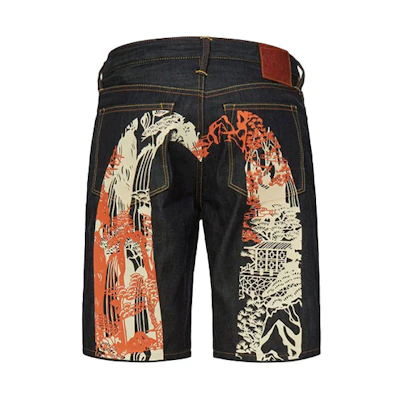 EVISU Blue Denim Shorts with Colorblock Mountain Print Large M Logo. 2ESHTM1DS201XX