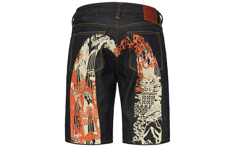 Order EVISU Celana Pendek Denim Biru dengan Print Gunung & Logo M Besar. 2ESHTM1DS201XX