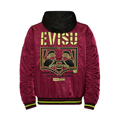 EVISU Burgundy Bomber Jacket with Embroidered Godhead & Detachable Hood 1EAHTM9JK719XX