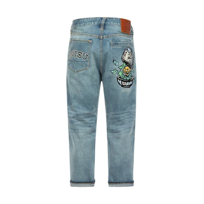 EVISU Cropped Jeans with Diamond Daruma Print Pocket Design. 2ESHTM4JE103727DN