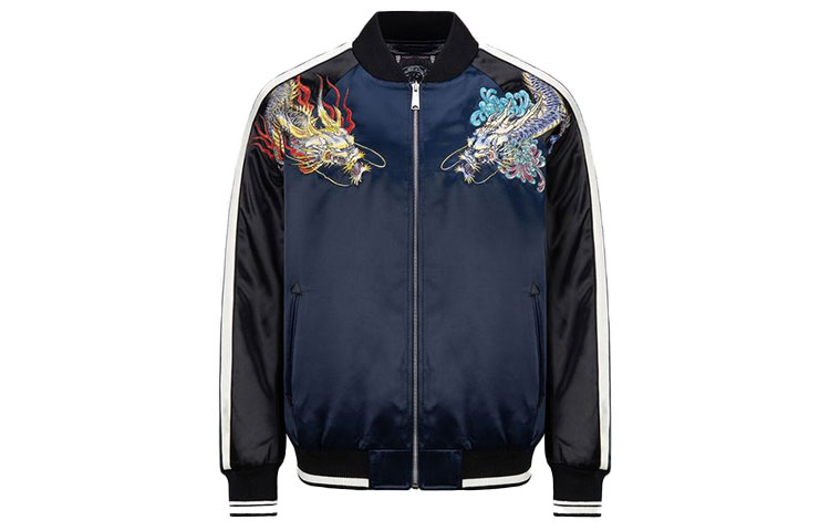 EVISU  Dark Blue Sukajan Jacket with Dragon Embroidery and Satin Finish 2EAHTM1JK740XXPQ