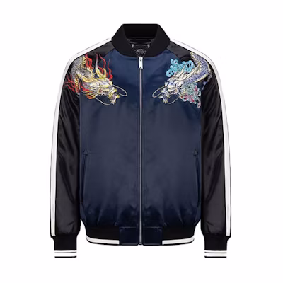 EVISU Dark Blue Sukajan Jacket with Dragon Embroidery and Satin Finish 2EAHTM1JK740XXPQ