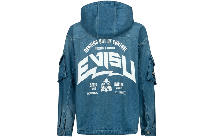 EVISU  Denim Blue Hoodie Jacket with Seagull Letter Print. 2ESHTM3DJ235LFCT