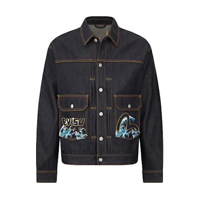 EVISU Denim Jacket with "Riding the Waves" Big M Embroidery - Blue 2EAHTM2DJ703LFCT