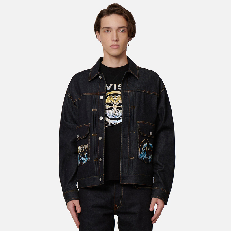 Shop Chaqueta Vaquera EVISU con Bordado "Surfeando las Olas" Big M - Azul 2EAHTM2DJ703LFCT