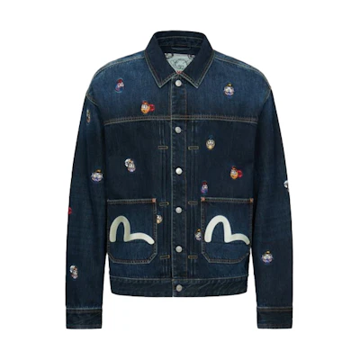 EVISU Denim Jacket with Allover Daruma Embroidery in Blue. 2EAHTM1DJ713LFCT