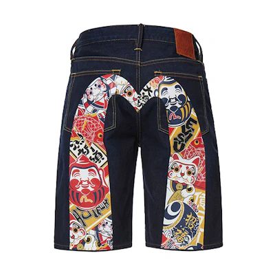 EVISU Denim Shorts Big M Blue With Fishing Blessing Print 2ESHTM1DS216XX