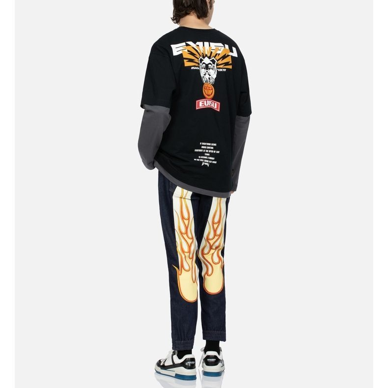 Sizing 에비수 디스트레스드 플레임 미드라이즈 릴렉스드 스트레이트 핏 청바지 2ESHTM3JO216RXCX