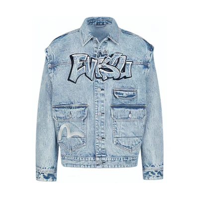 EVISU Distressed Graffiti Denim Jacket with Removable Sleeves - Blue Denim 2ESHTM3DJ711LFCT