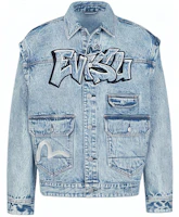 Order EVISU Distressed Graffiti Denim Jacket with Removable Sleeves - Blue Denim 2ESHTM3DJ711LFCT