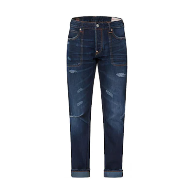 EVISU Distressed Seagull Patch Denim Jeans in Blue. 2ESHTM1JE11708