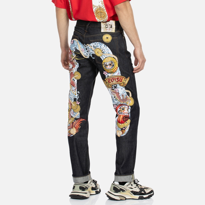 Shop EVISU Vaqueros Rectos Relajados con Letra y Dragón - Azul 2ESHTM4JE799908DN