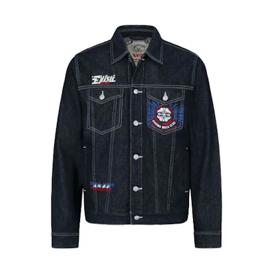 EVISU Embroidered Daruma Denim Jacket in Indigo Blue. 2EAHTM1DJ716XXCT