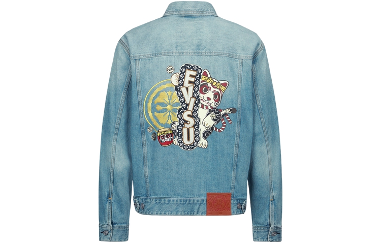 EVISU  Embroidered Denim Jacket with Lucky Cat and Daruma Design Blue 2ESHTM3DJ715RXCT