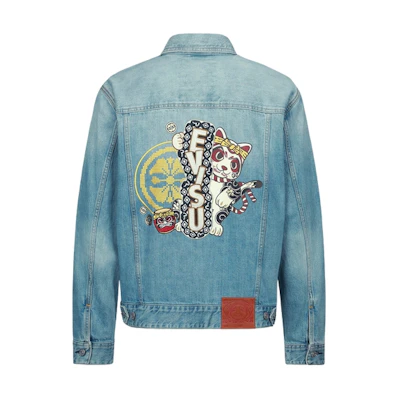 EVISU Embroidered Denim Jacket with Lucky Cat and Daruma Design Blue 2ESHTM3DJ715RXCT